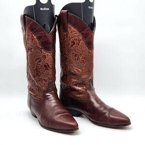 90s Vintage Laredo Boot Cowgirl Women Size 7 USA Whiskey Cognac Leather Embossed